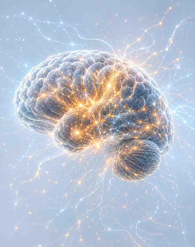 Illustration of a brain with glowing neural pathways representing neuroplasticity and movement