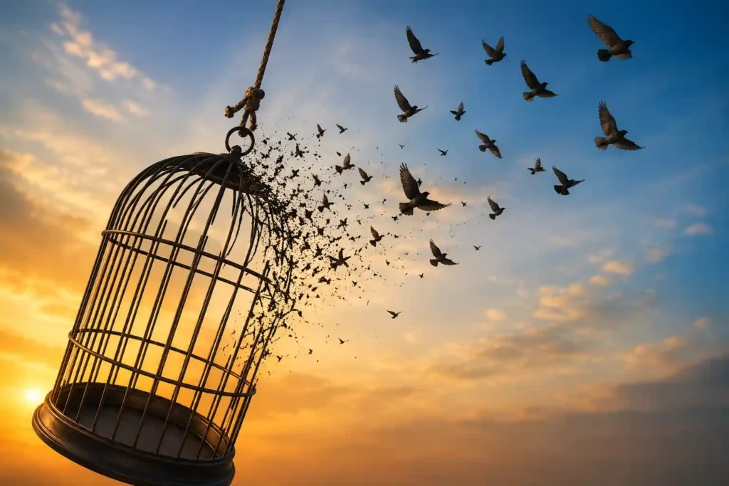 Open birdcage with birds flying free at sunset