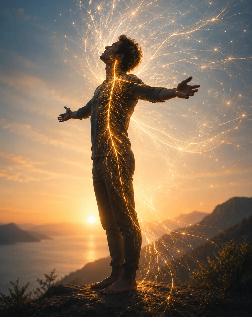 Person standing with glowing neural pathways representing the nervous system and performance