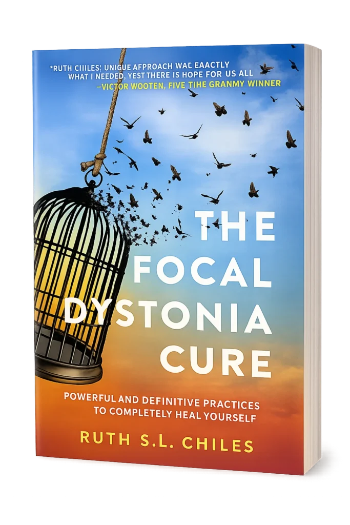 The Focal Dystonia Cure book by Ruth Chiles with a birdcage and birds flying free